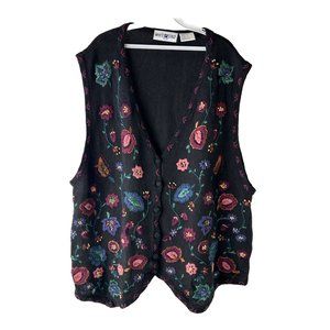 Vintage Paisley Crewel Stitched Knit Cardigan Sweater Vest Black